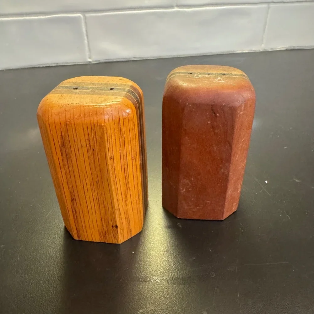 MCM Salt & Pepper Shakers Set Brown Striped Mixed Wood Octagonal